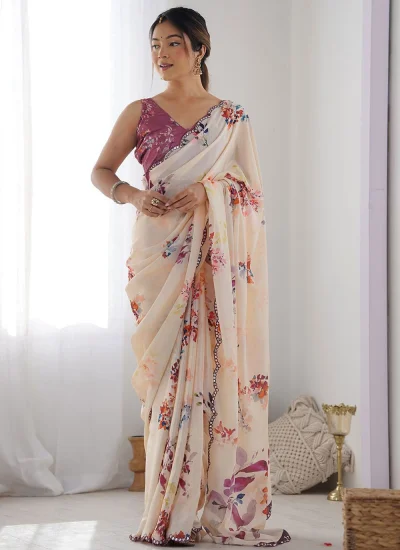 Georgette Off White Mirror Classic Saree