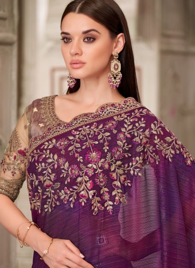 
                            Georgette Satin Stone Purple Trendy Saree