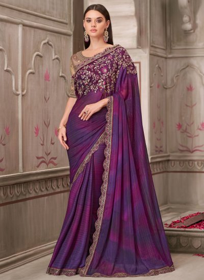 Georgette Satin Stone Purple Trendy Saree