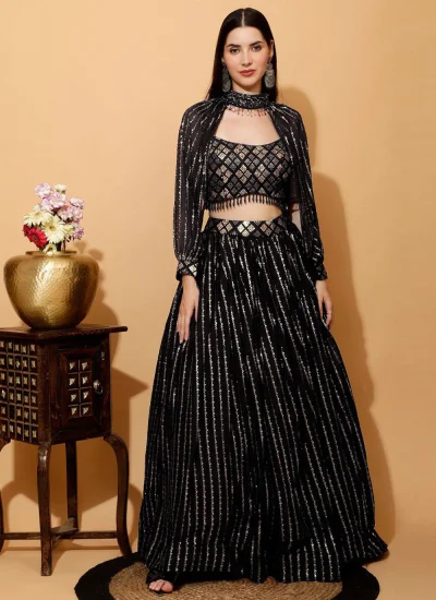 Georgette Thread Lehenga Choli in Black