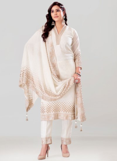 Glowing Silk Woven White Salwar Kameez