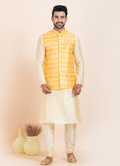 Gold and Yellow Banarasi Silk Jacquard Work Kurta Payjama With Jacket