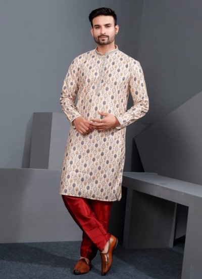 Gold Printed Fancy Fabric Kurta Pyjama