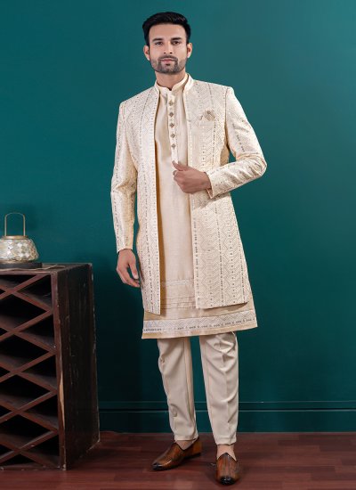 Gold Reception Art Silk Kurta Payjama With Jacket