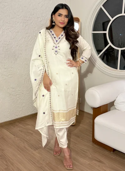 
                            Graceful Embroidered Viscose Cream Pant Style Suit