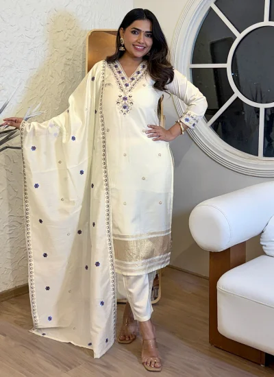 Graceful Embroidered Viscose Cream Pant Style Suit
