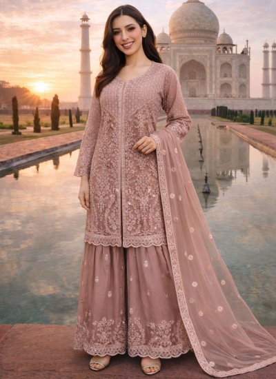 Graceful Peach Embroidered Net Readymade Salwar Kameez
