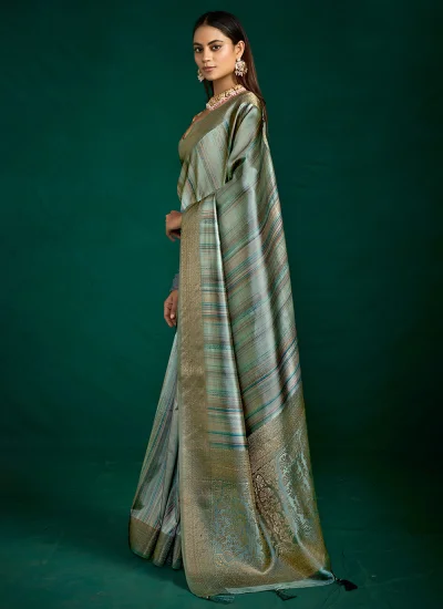 Green and Grey Digital Print Reception Trendy Saree