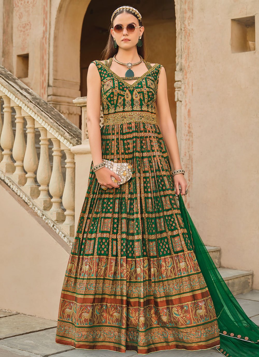 Green Foil Print Mehndi Trendy Gown -