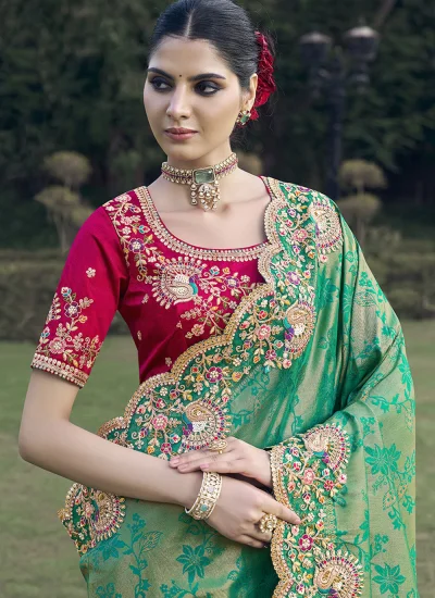 
                            Green Sequins Engagement Traditional Saree