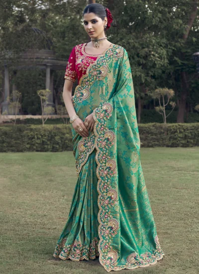Green Sequins Engagement Traditional Saree