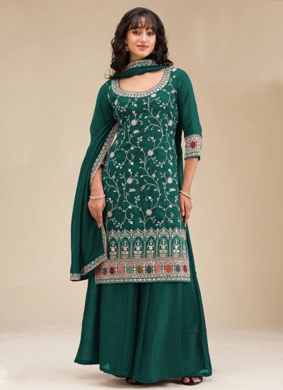 Green Vichitra Silk Sequins Salwar Kameez