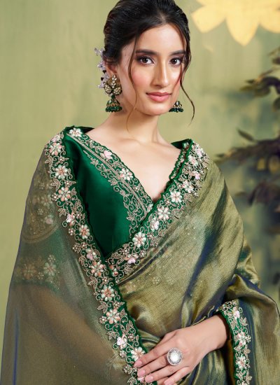 
                            Green Wedding Tissue Contemporary Saree