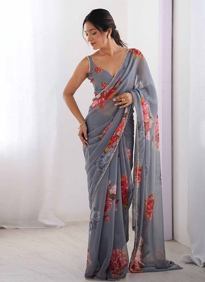 Grey Georgette Casual Contemporary Saree
