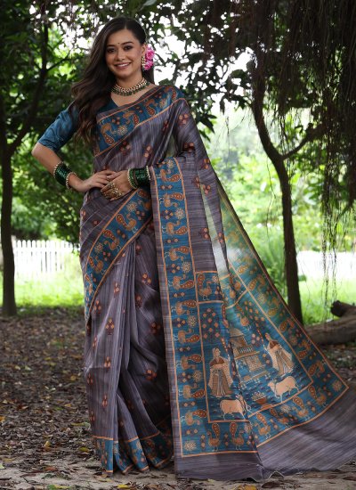 Grey Printed Classic Saree