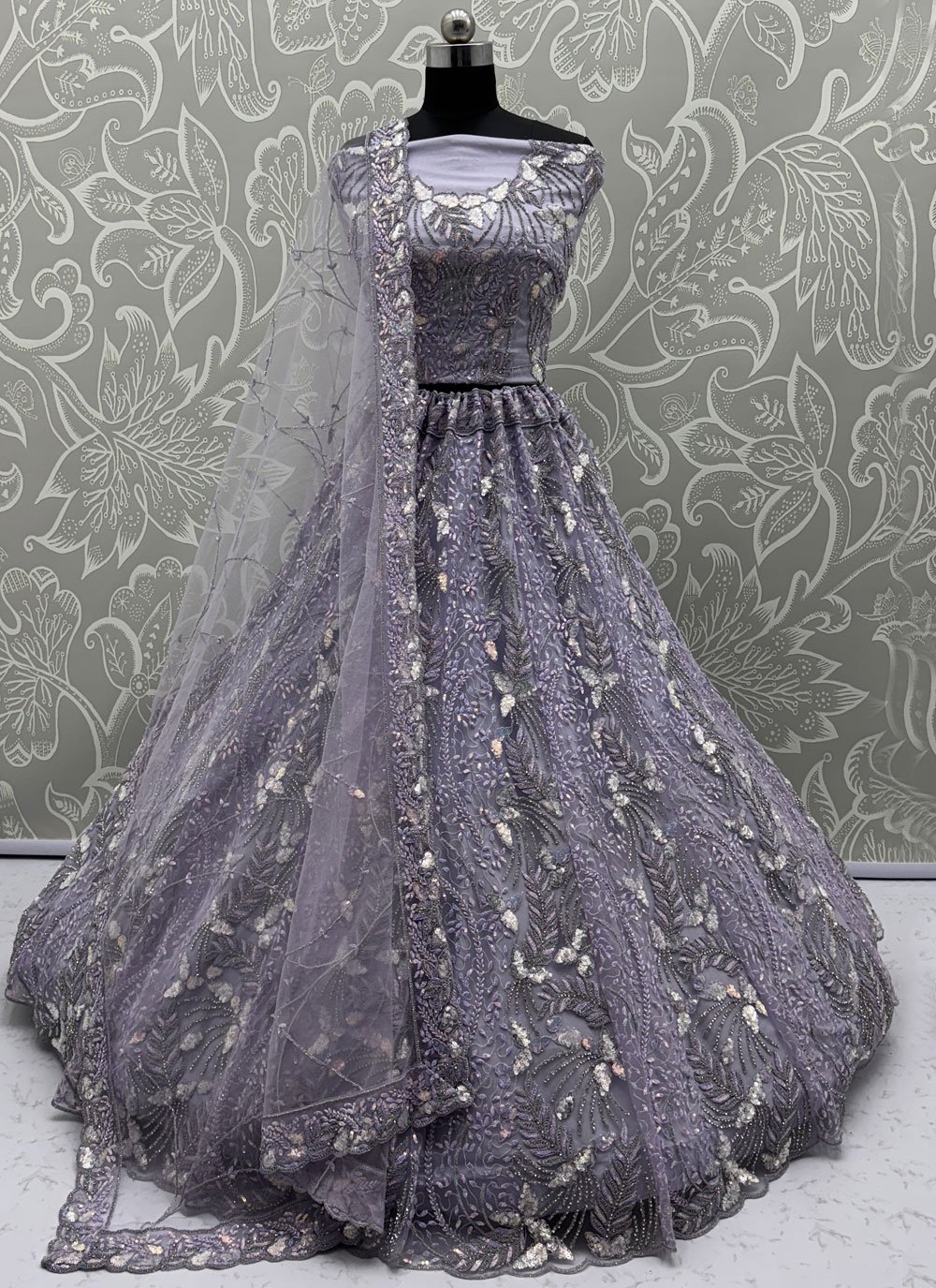 Haute Net Lavender Zircon Designer Long Lehenga Choli