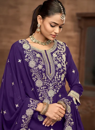 
                            Hypnotic Embroidered Violet Vichitra Silk Readymade Lehenga Choli