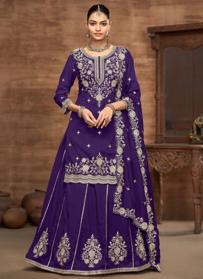 Hypnotic Embroidered Violet Vichitra Silk Readymade Lehenga Choli