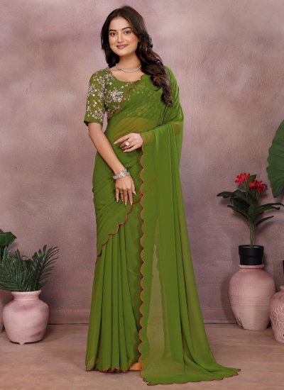 Hypnotic Georgette Embroidered Green Classic Saree