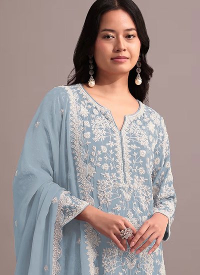 Ideal Blue Embroidered Faux Georgette Salwar Kameez