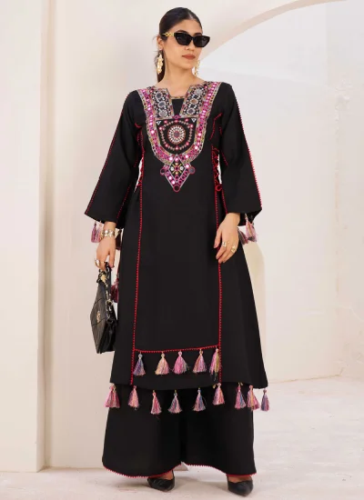 Impressive Rayon Embroidered Black Readymade Salwar Kameez