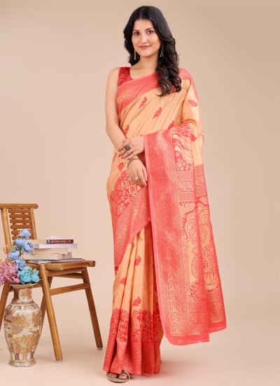 Impressive Weaving Cream and Red Banarasi Silk Trendy Saree