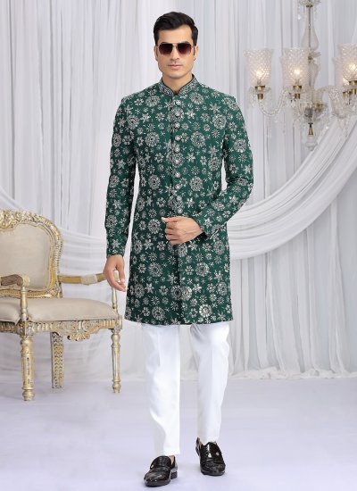 
                            Indo Western Sherwani Machine Embroidery  Art Silk in Green