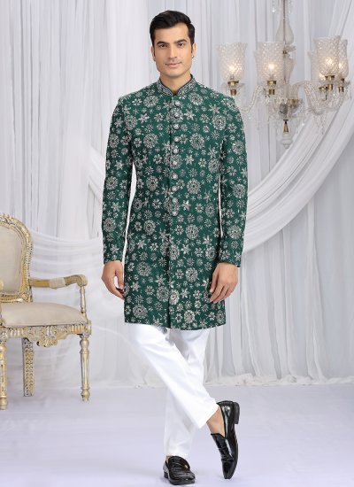 Indo Western Sherwani Machine Embroidery  Art Silk in Green