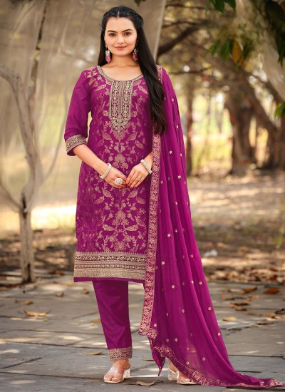 Intricate Embroidered Purple Viscose Readymade Salwar Kameez