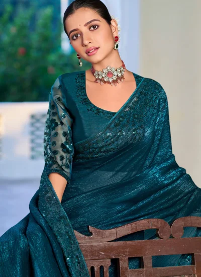Intriguing Teal Silk Trendy Saree 
                            Intriguing Teal Silk Trendy Saree