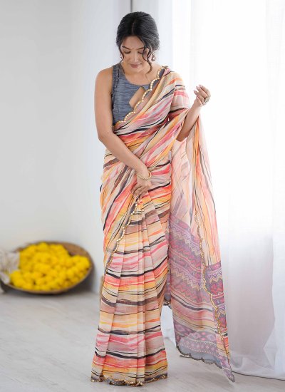 
                            Invigorating Peach Printed Georgette Trendy Saree