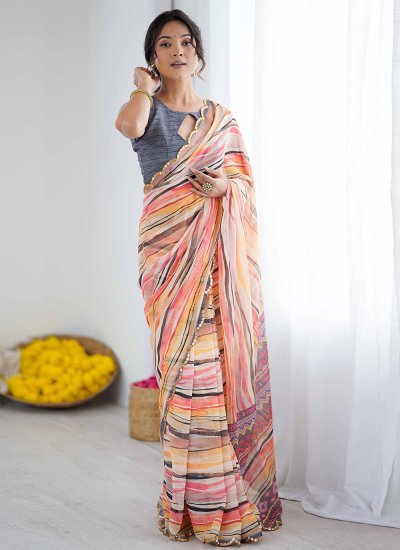 Invigorating Peach Printed Georgette Trendy Saree