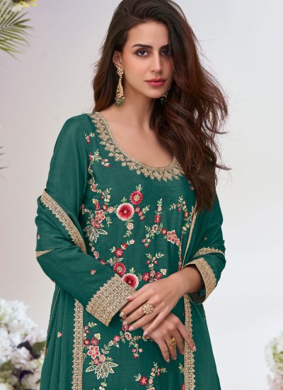 
                            Irresistible Chinon Green Zari Trendy Salwar Kameez