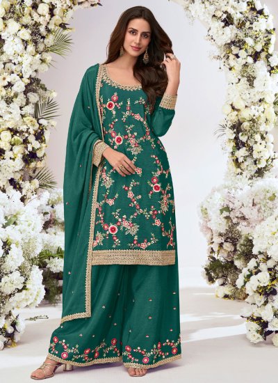 Irresistible Chinon Green Zari Trendy Salwar Kameez