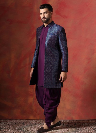 
                            Jacquard Embroidered Navy Blue and Purple Sherwani