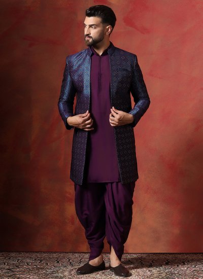 Jacquard Embroidered Navy Blue and Purple Sherwani