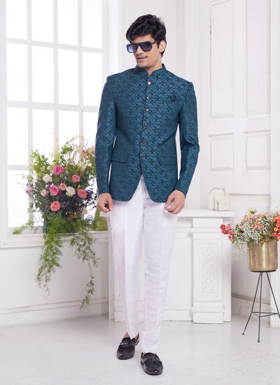 
                            Jacquard Silk Buttons Teal Jodhpuri Jacket