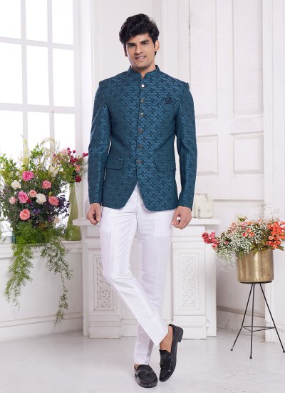 Jacquard Silk Buttons Teal Jodhpuri Jacket