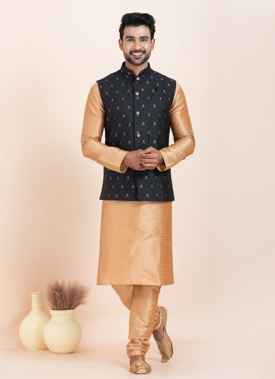 Jacquard Work Banarasi Silk Kurta Payjama With Jacket in Black and Brown