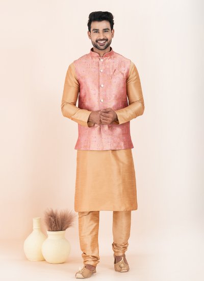 Jacquard Work Banarasi Silk Kurta Payjama With Jacket in Brown and Pink