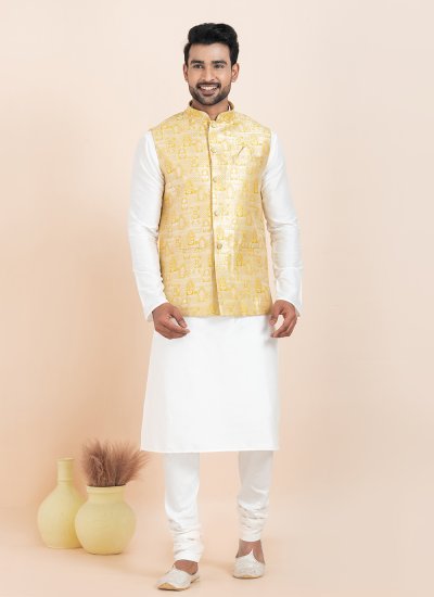 Jacquard Work Banarasi Silk Kurta Payjama With Jacket in Gold and Yellow