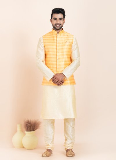Jacquard Work Cotton Kurta Payjama With Jacket in Gold and Yellow
