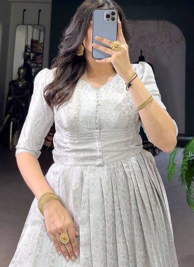 
                            Kanjivaram Silk Trendy Gown in White