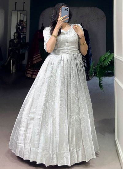 Kanjivaram Silk Trendy Gown in White