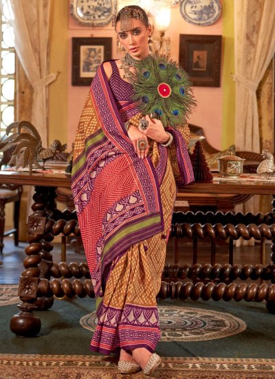 Khaki Patola Print Silk Designer Saree