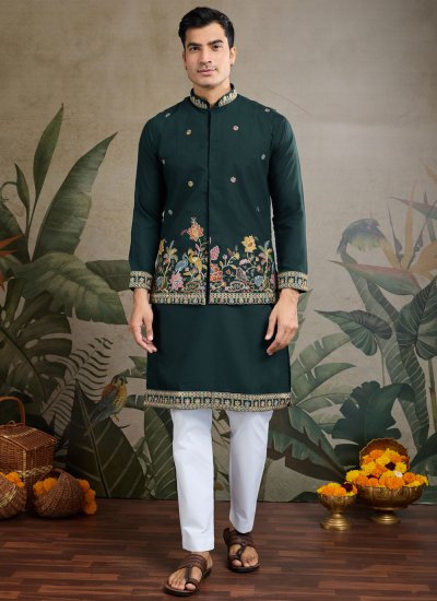 Kurta Payjama With Jacket Embroidered Cotton in Green