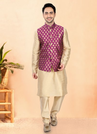 Kurta Payjama With Jacket Lace Art Silk in Gold