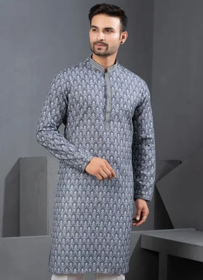 
                            Kurta Pyjama Printed Cotton Silk in Grey
