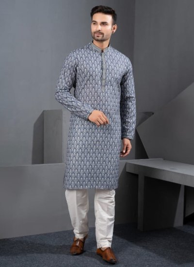Kurta Pyjama Printed Cotton Silk in Grey