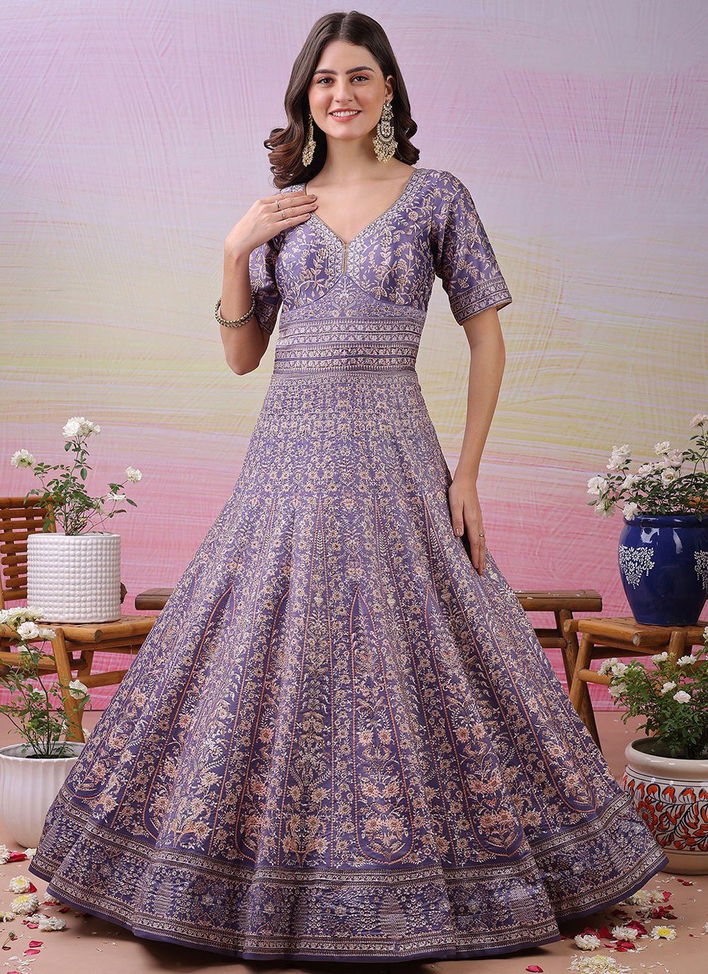 Lavender Satin Silk Engagement Readymade Trendy Gown -